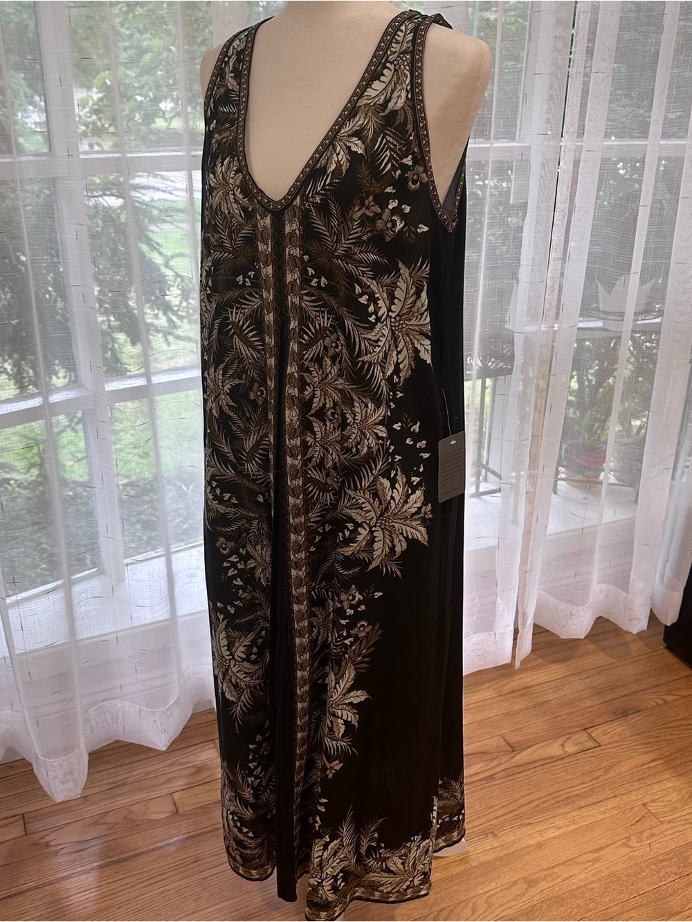 NWT Linen- blend Sleeveless Black Floral Print Maxi Dress w/ pockets Size M